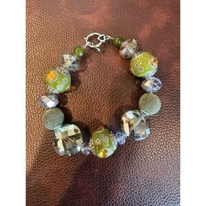 Chunky Green Beaded Bracelet Faceted Glass Rhinestone